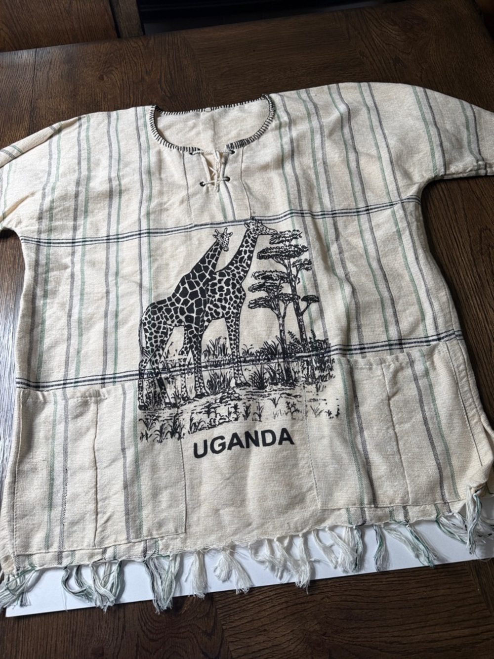 Uganda Woven Giraffe men’s Top - Cream with Green Stripes  with Pockets Large